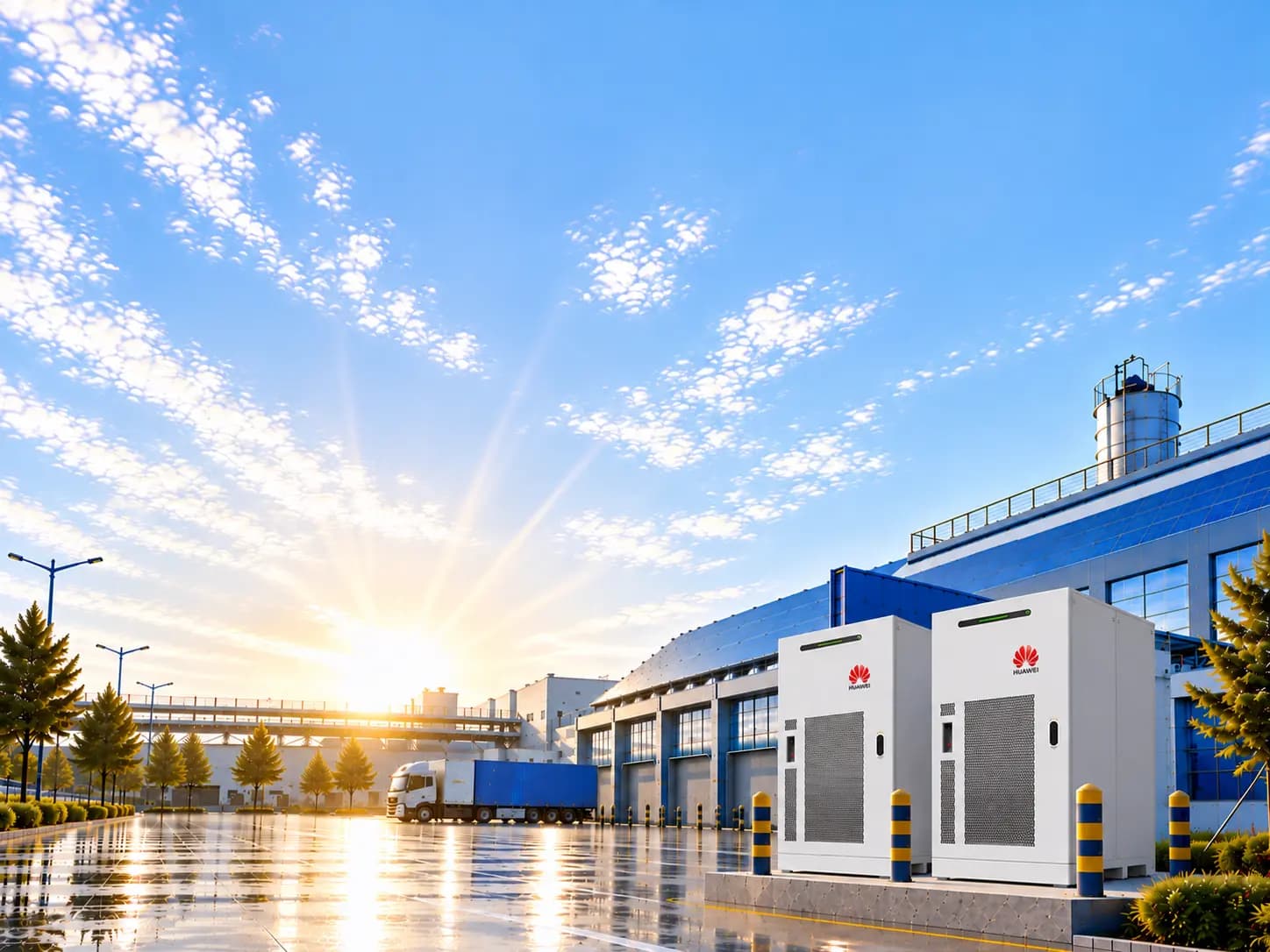 Solar facility and battery system at sunrise